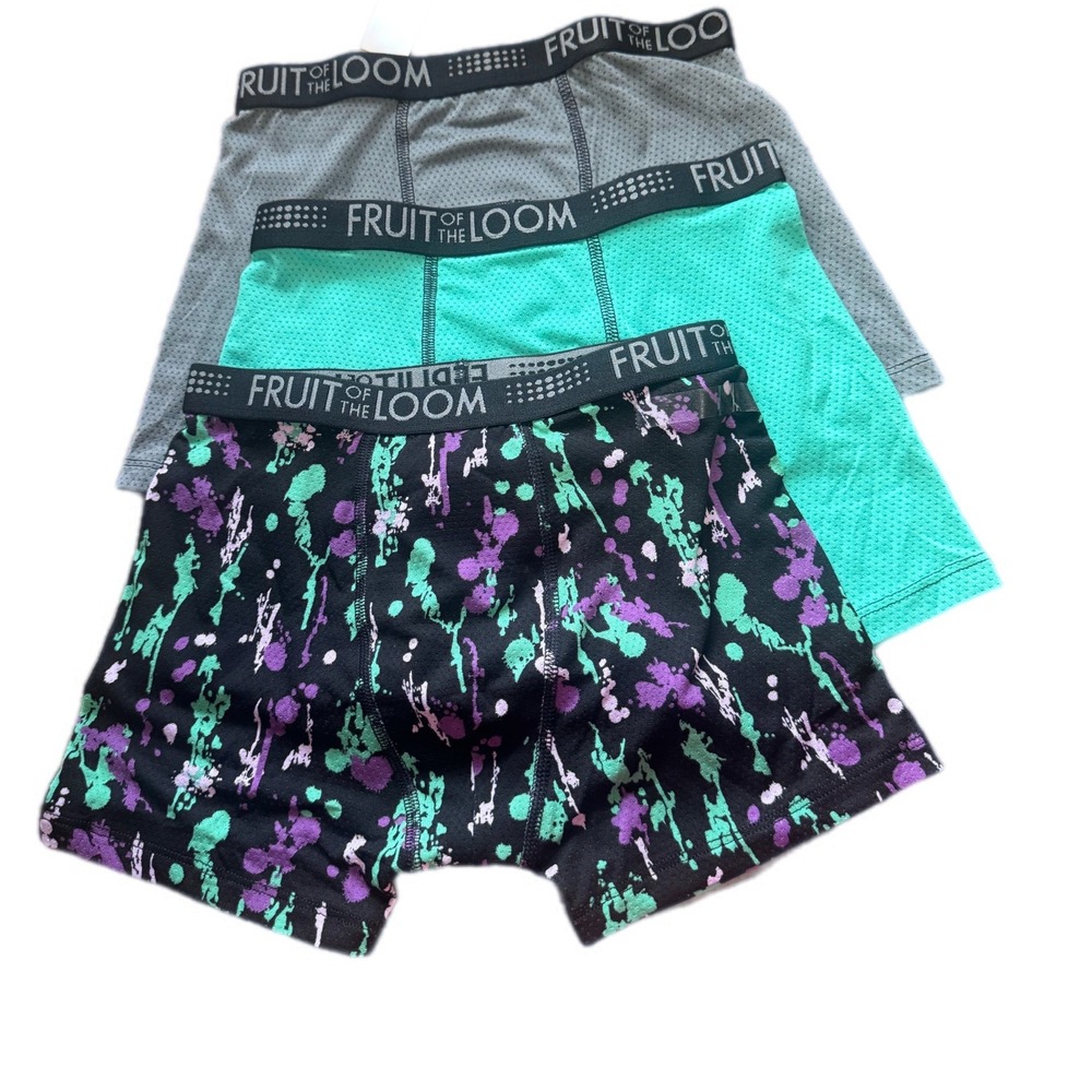 Fruit of the Loom Boxer Briefs Kids Medium Teal Grey Splatter Excellent 3 Pack